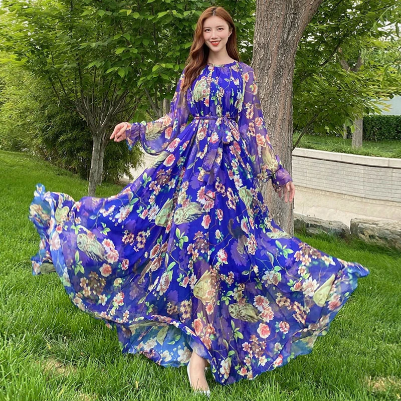 Summer Holiday Party Boho Maxi Dress Women\'s Long Sleeve Chiffon Floral Print Ruffles Loose Elegant Long Dress