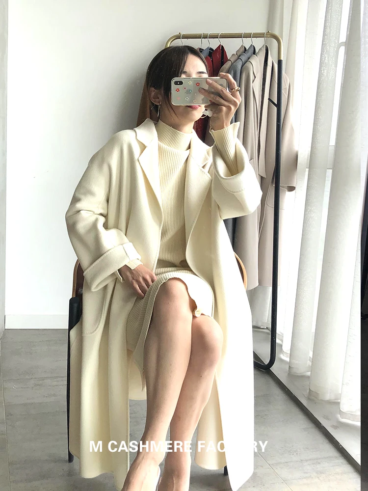 Elegant Luxury 95% Winter Cashmere Coat Women Autumn Wool Coat Female Jacket + Belt Clothes 2021 Vintage Long Coat LW1650