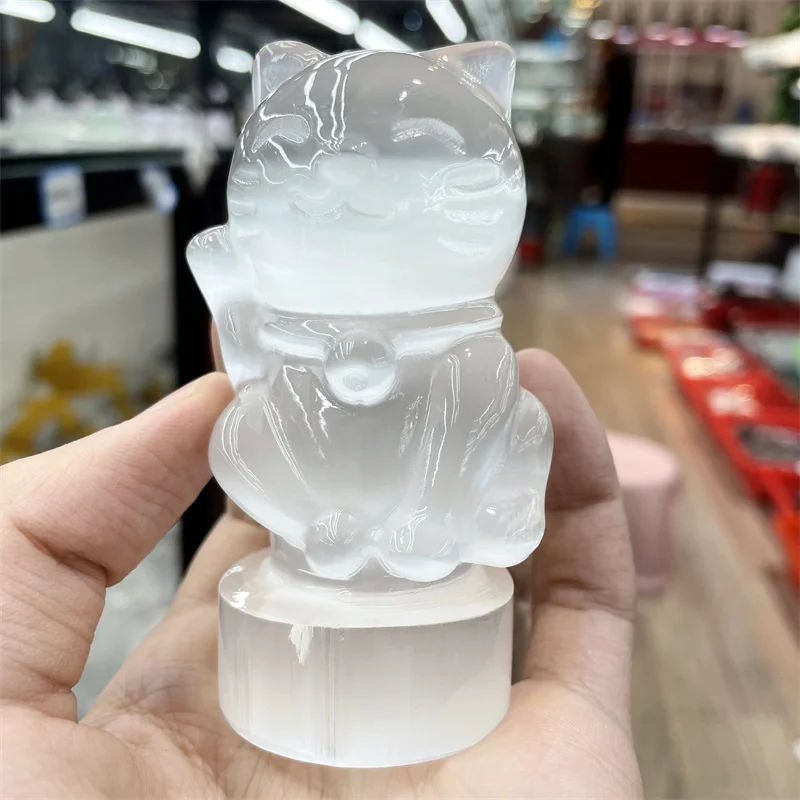 

Natural White Selenite Crystal Lucky Cat Crystals And Stones Healing Ornament Room Decor Home Decoration Accessories