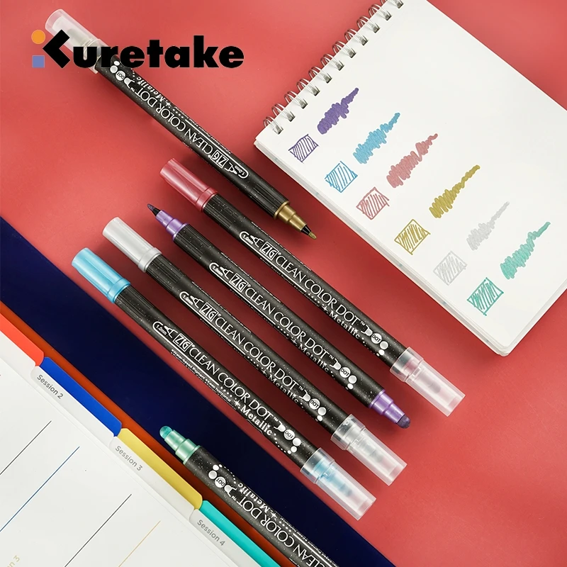 6colors set Japan Kuretake Metallic Colors double head round dot Waterproof watercolor pen journal marker pen Painting supplies