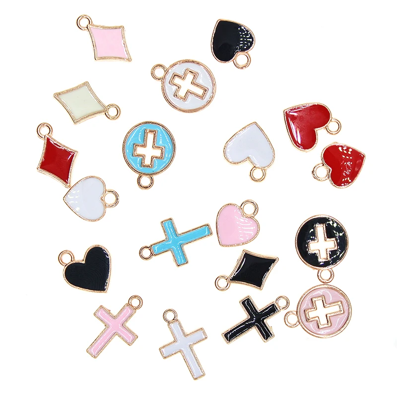 20pcs/lot 11*16mm Cute Poker Enamel Mini Geometry Charms Heart Cube Cross Round Card Pendant For DIY Jewelry Making Findings