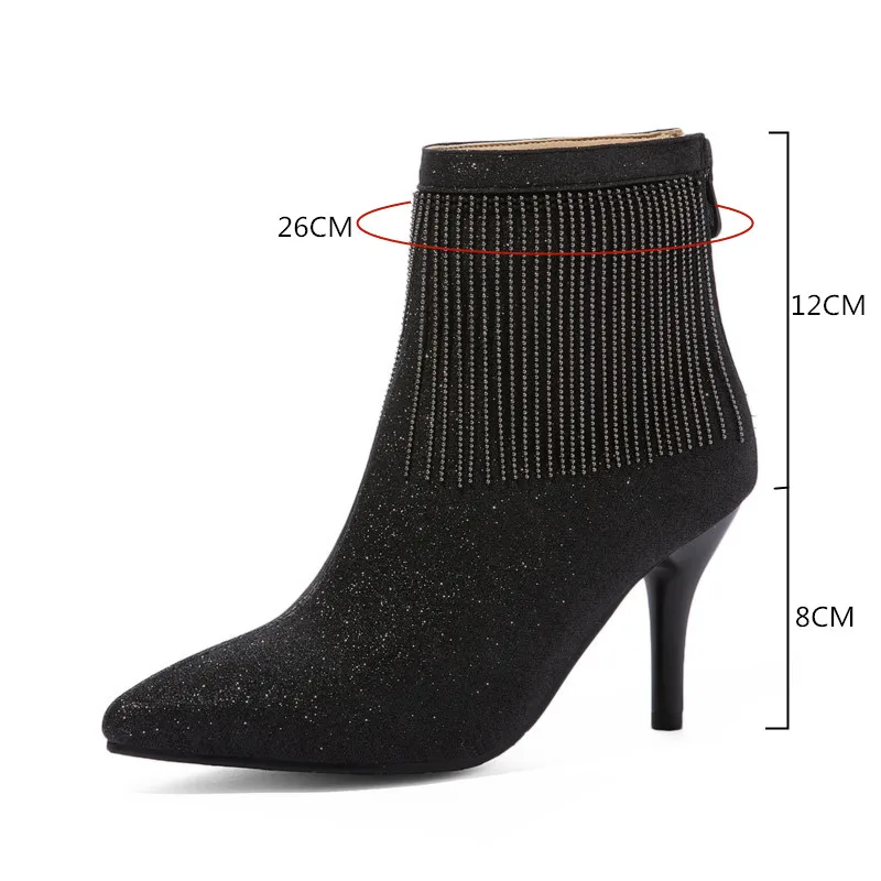 YMECHIC-zapatos de tacón alto con flecos y cadena para mujer, botines sexys, calzado de fiesta con punta puntiaguda, color negro y plateado