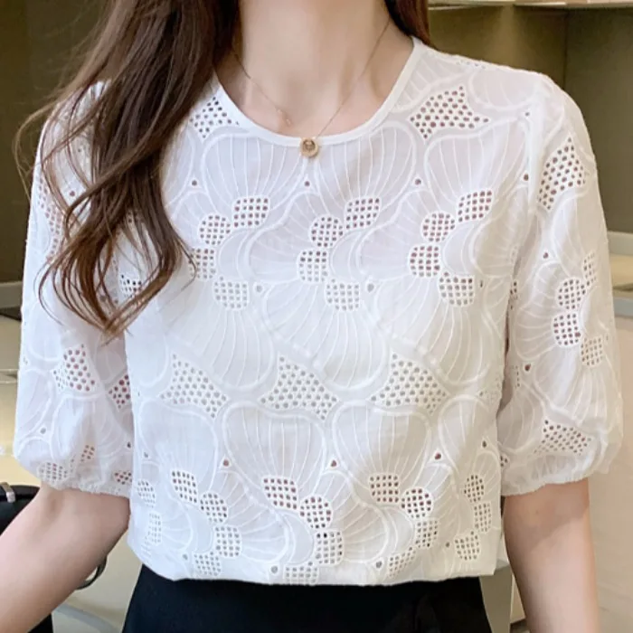 Summer Women White Blouse Tops Short Sleeve Hollow Chiffon Blouse Shirt Blouse Women Blusas Mujer De Moda 2024 Blouses Top E949