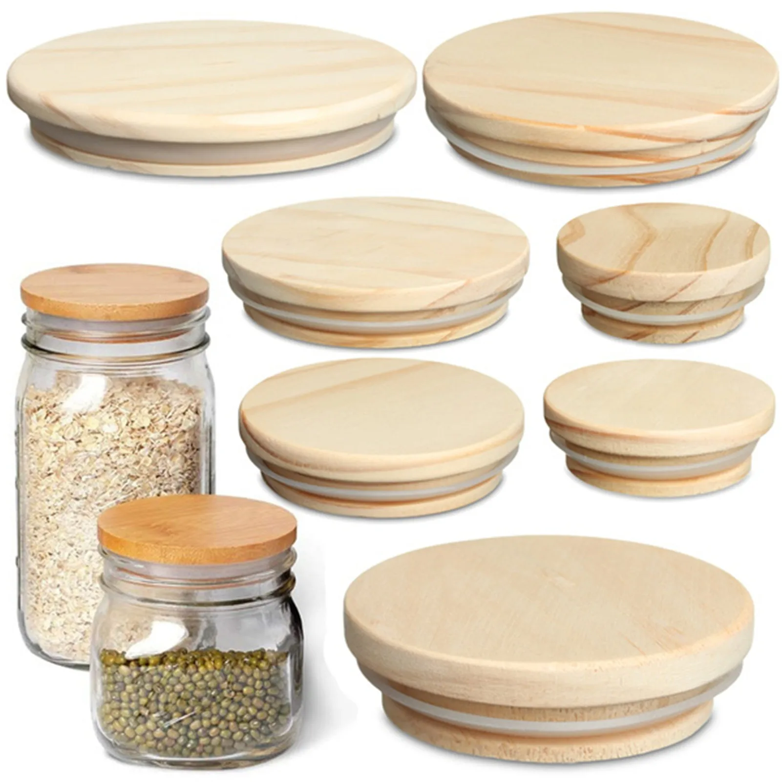 Reusable Pine Wooden Cover Lids with Silicone Seal Ring for Candle Cup Glass Storage Tank Water Bottle Cover Lid Accessories