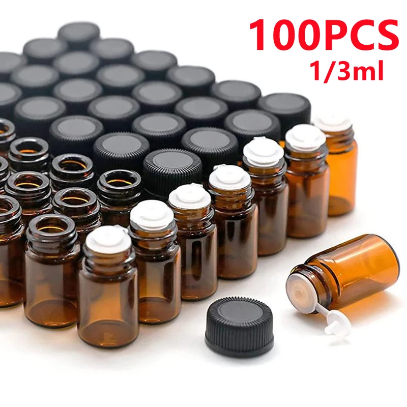 100Pcs 1/3ml Amber Glass Bottle With Plastic Lid Insert Essential Oil Glass Vials Perfume Sample Test Bottle Refillable Bottles