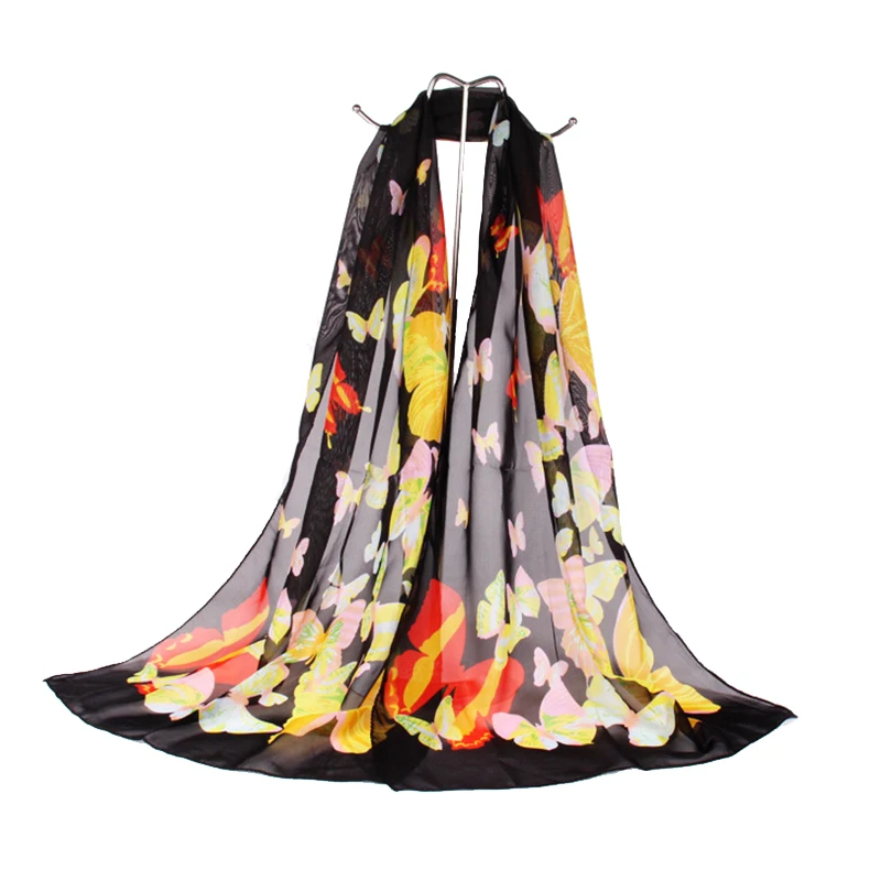 Butterfly Chiffon Scarf Women Printing Fashion Black High Quality Scarves Shawl Cape Ladies Female Plant Scarfs Thin Shawl Wraps