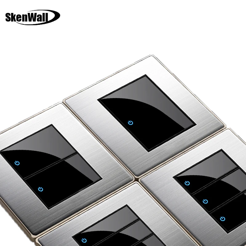 1 2 3 4 Gang 1 Way 2 Way LED Random Click Switch Mirror Acrylic Household Stainless Steel Brushed Panel Light Switch EU Socket