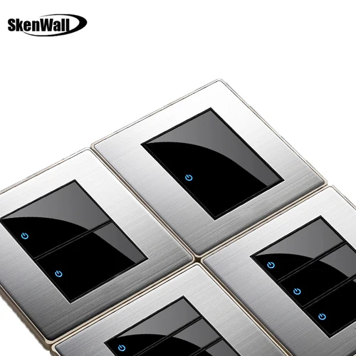 Imagen 2 del producto 1 2 3 4 Gang 1 vía 2 vías LED interruptor de clic aleatorio espejo acrílico hogar Panel cepillado de acero inoxidable interruptor de luz enchufe de la UE