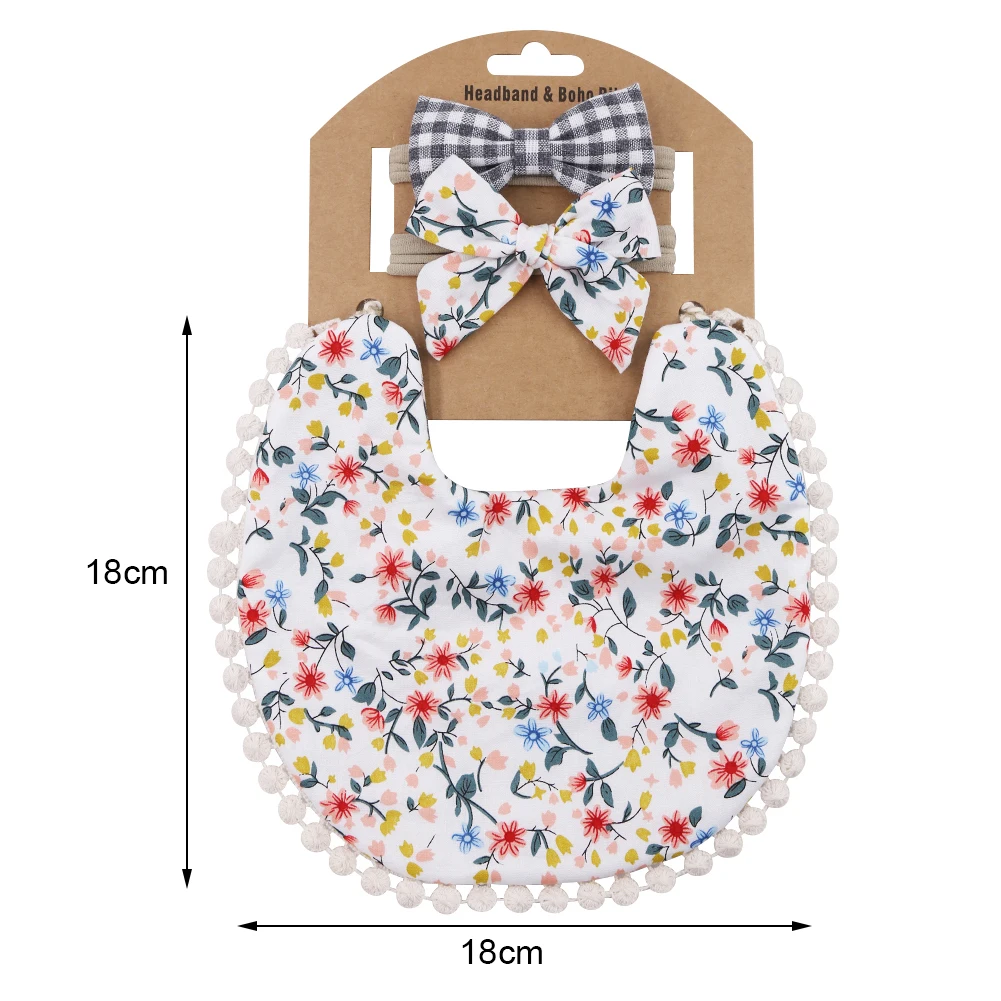 2 Sets/Lot Flower Print Embroidery Baby Bibs Headbands Bow Tie Scarf Bandana Double Side Toddler Saliva Towel Feeding Burp Cloth