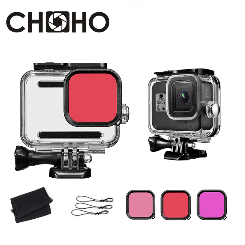 For Gopro 8 Black waterproof Case + Red Pink Purple Diving Filter lens Dive Underwater Protector For Go Pro Hero New Accessories