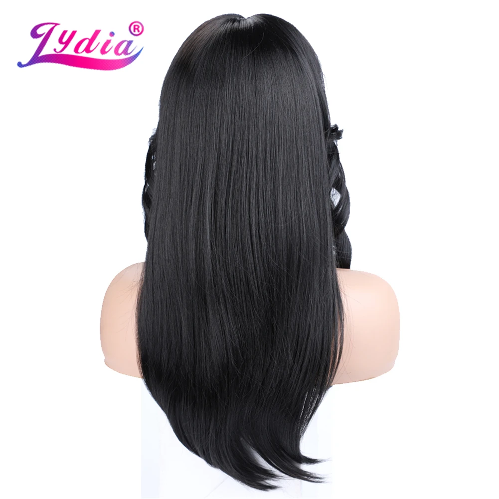 Lydia Long Straight Synthetic Hair Wigs With Curly-Bang For African American Women Black 22 Inch Kanekalon Daily Wig 56cm