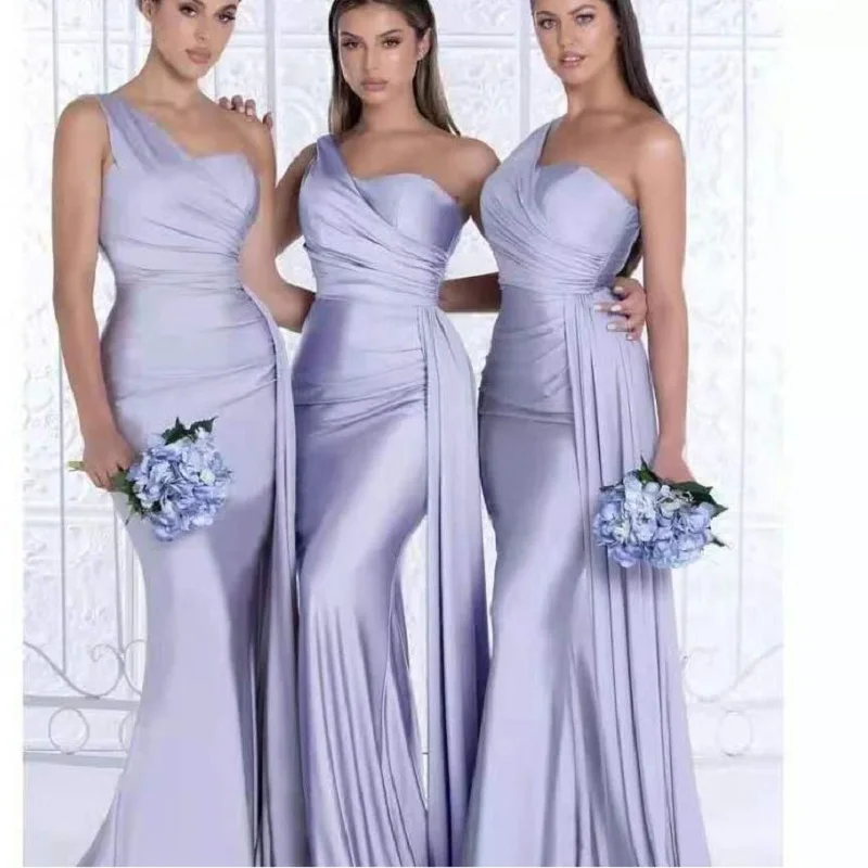 Vestidos de dama de honor de un hombro de licra, vestido de dama de honor de sirena de satén con cordones, vestidos de novia para fiesta de boda 2021