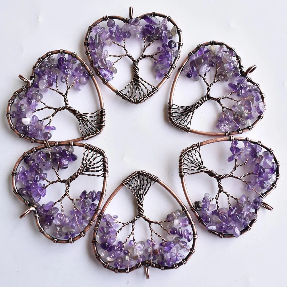 Wholesale 6pcs/lot natural stone amethysts heart-shaped life tree ancient copper wire wrapped pendant 50mm for  jewelry marking