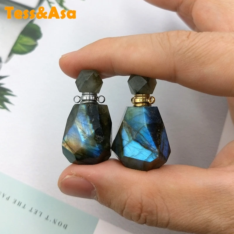 

Natural labradorite perfume bottle Gems essential oils diffuser shiny stone vial freeform Faceted charm for sweater necklace