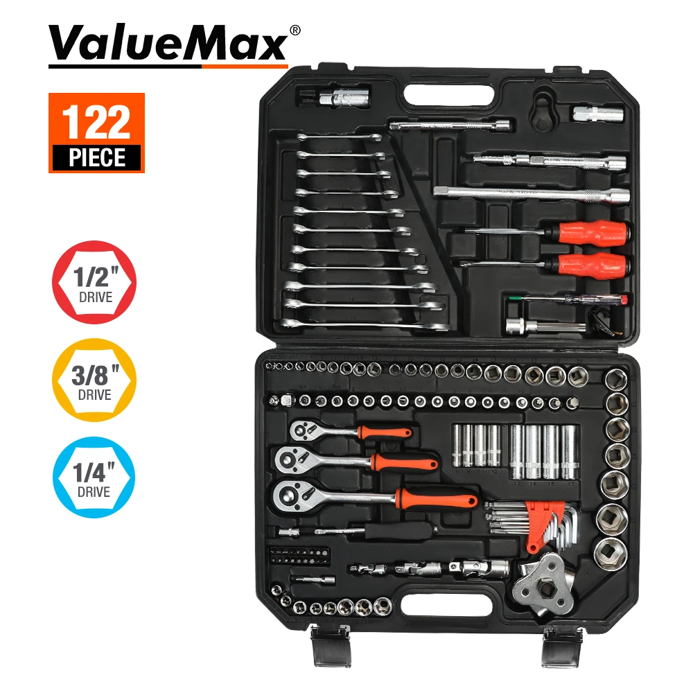 ValueMax 8-122PC Hand Tool Sets Car Repair Tool Kit Set Mechanical Tools Box for Home Socket Wrench Set Ratchet Screwdriver Kit