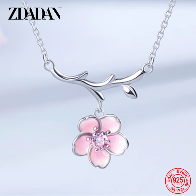 ZDADAN 925 Sterling Silver Pink Flower Necklace For Women Sweet Fashion Jewelry Engagement Gift