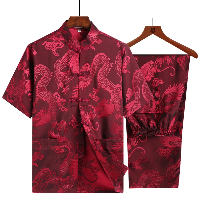 men\'s tang suit traditional chinese clothing for meals pants male shirts oriental dragon shirt top kung fu stand collar hanfu