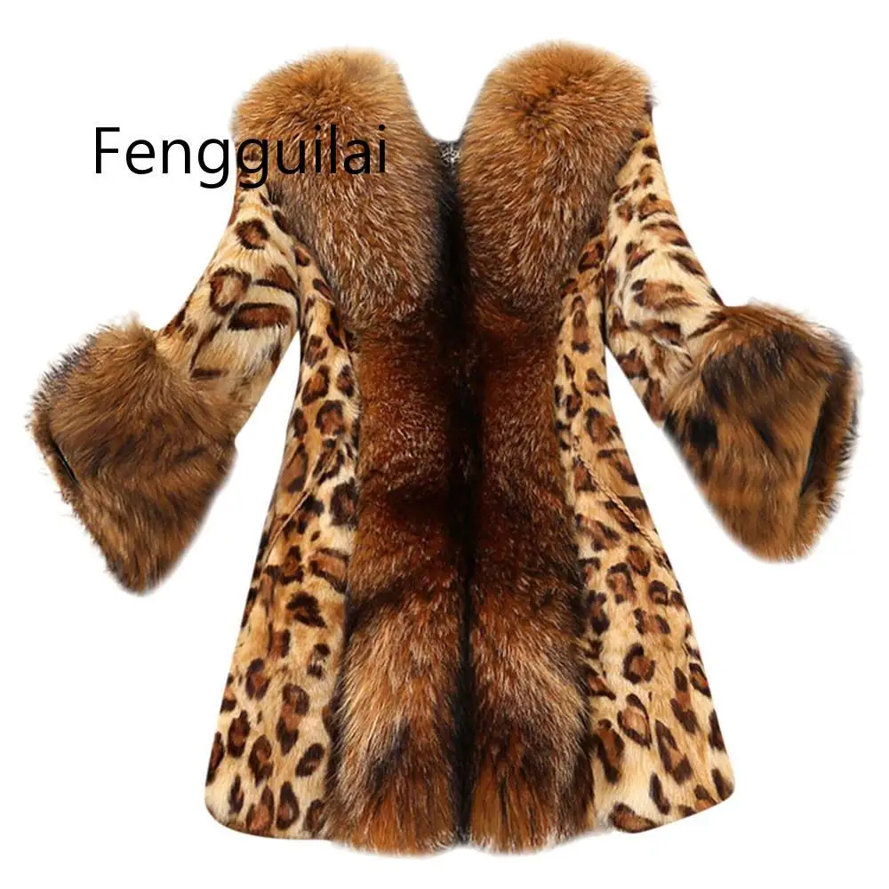 Abrigo de leopardo para mujer, chaqueta de piel sintética con Cuello de piel de mapache, chaqueta de peluche de longitud media