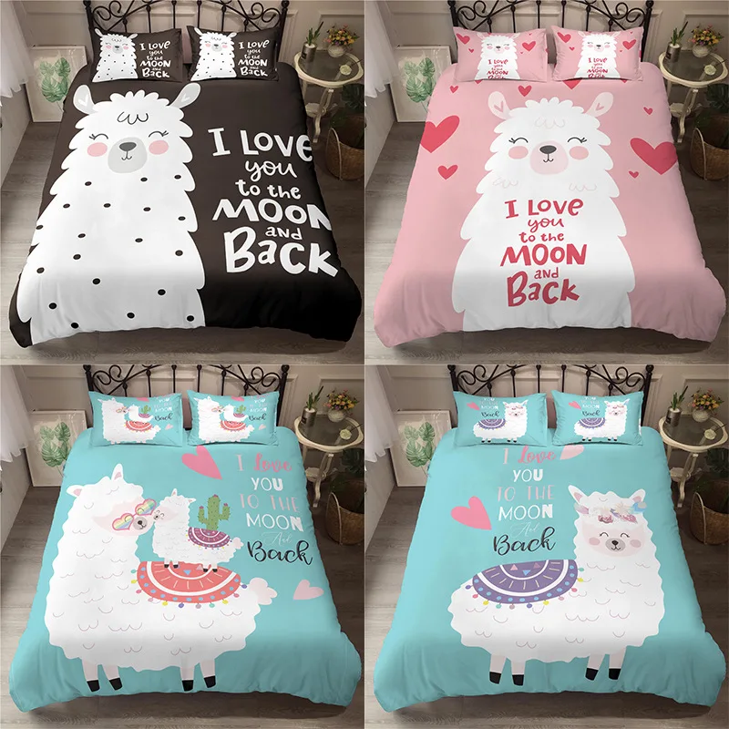 

Cute Girl Pink Bedding Set Cartoon Alpaca Print Duvet Cover 140X200 Duvet Cover Bed Single Double Queen Bed Sets(No Sheet)