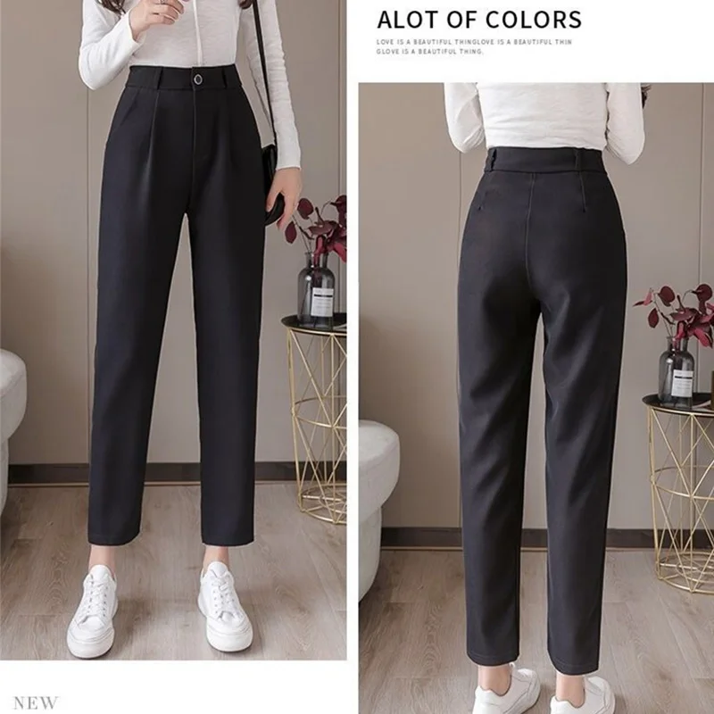 Office Lady สวมกางเกง Chic สีดำตรง MODE Korea Casual เข็มขัดเอวสูงหญิงกางเกง Pantalones De Mujer