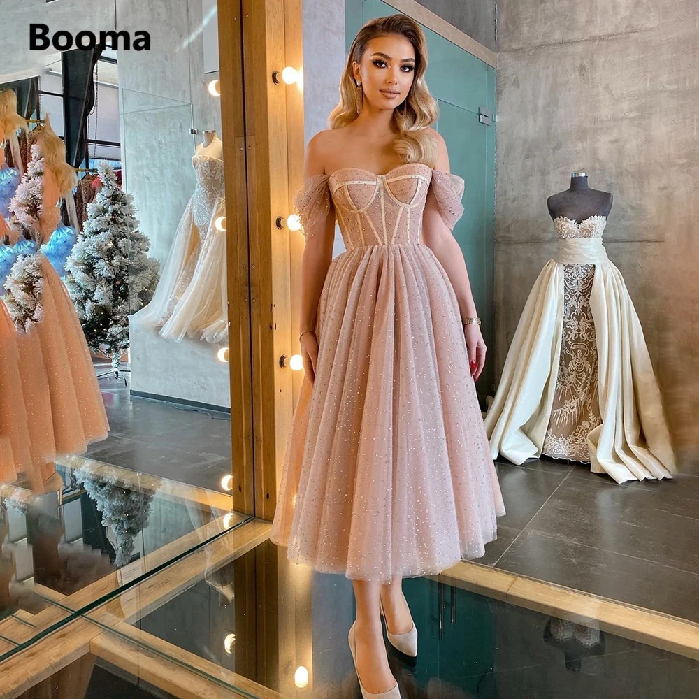 Booma Schmutzig Rose Glitter Tüll Prom Kleider Weg Von der Schulter Boning Midi Prom Kleider A-linie Tee-Länge Hochzeit Party kleider