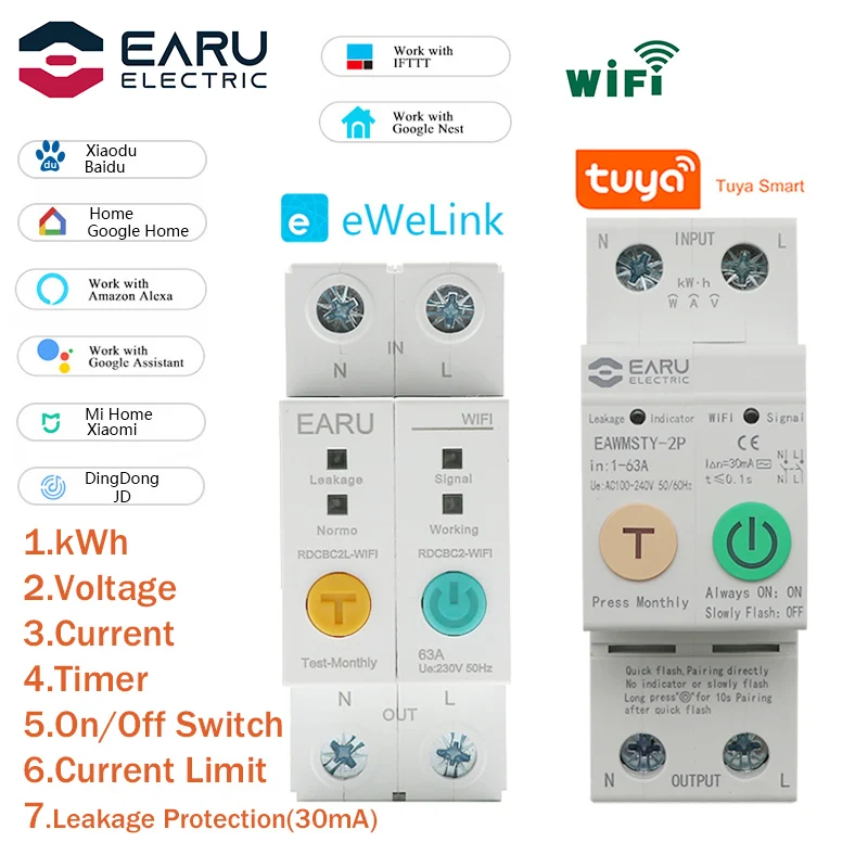 

2P WIFI Circuit Breaker Energy Power kWh Meter Time Timer Switch Relay Voltmeter Current Leakage Protection RCCB RCBO Limitter