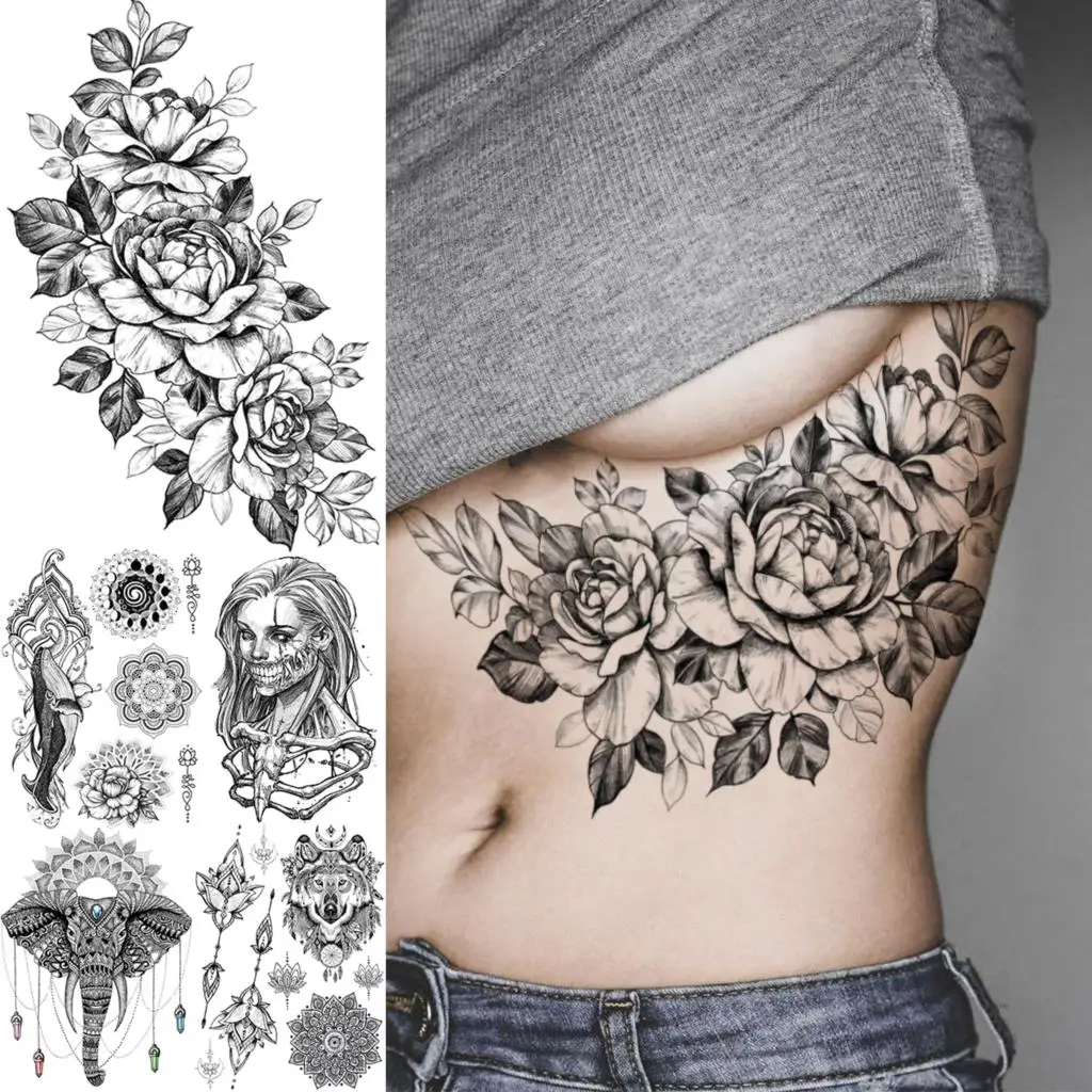 3D Black Peony Flower Waist Temporary Tattoos For Women Adult Mandala Elephant Gangster Fake Tattoo Thigh Washable Tatoo Sticker