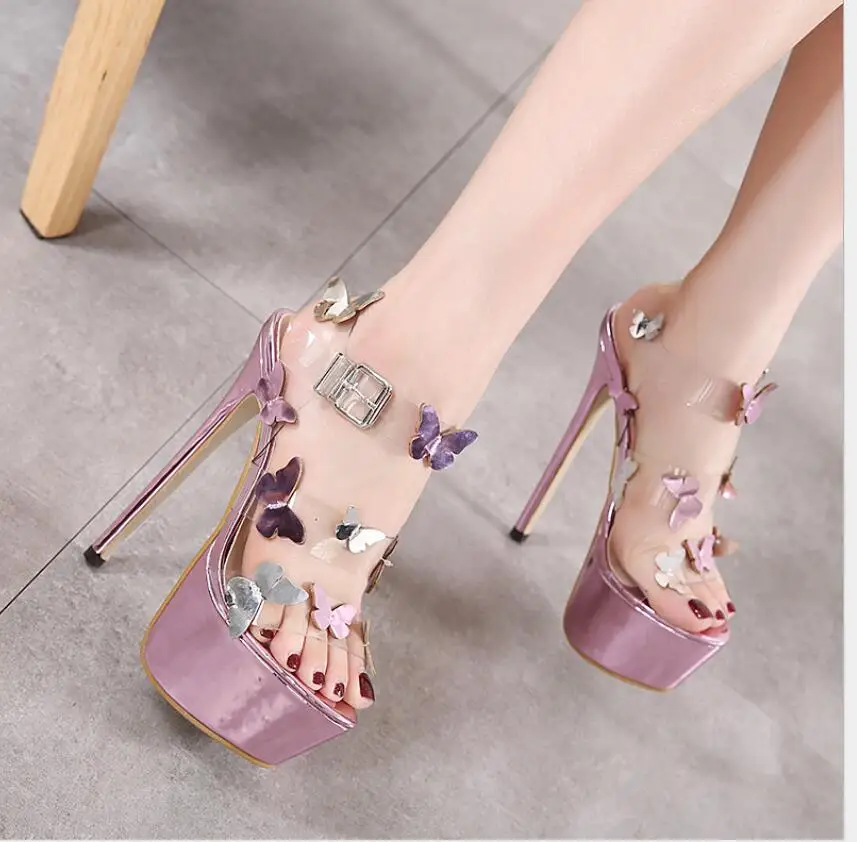 

New High Heels Women Pumps Butterfly flying buckle transparent Sandals Shoes Woman Ladies Peep Toe High Heels Dress Party Shoes