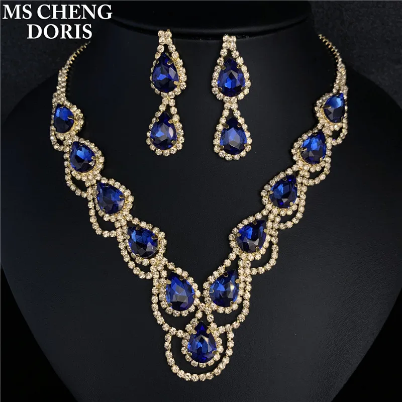 Luxury Royal Blue Crystal Bridal Jewelry Sets Rhinestone Statement Choker Necklace Earrings Women Wedding Jewelry Sets