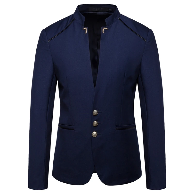 Chaqueta de vestir de cuello alto para hombre, chaqueta ajustada de un solo pecho, color negro, azul marino, vino y rojo, a la moda, para fiesta de