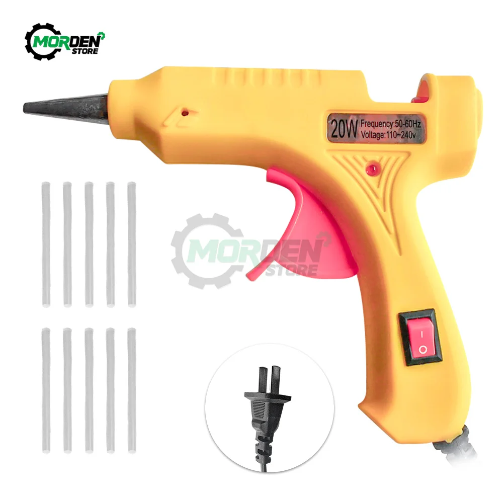 Pistola de cola quente 20w com 7mm 10 peças, mini pistolas industriais, temperatura de calor, termo elétrica, ferramenta de reparo diy