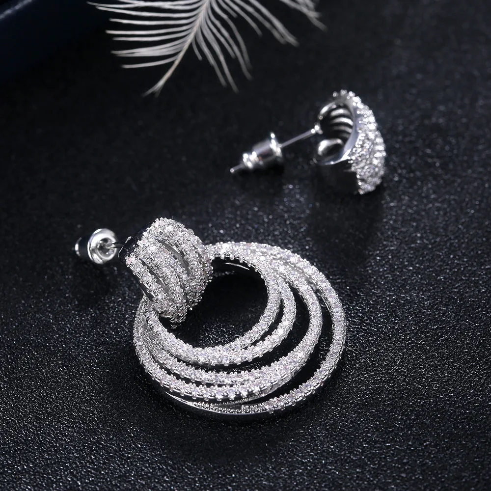 Irregular Luxury Multilayer Circles Trendy Sparkling Zircon Earrings Crystal Dangle Earring Wedding Jewelry