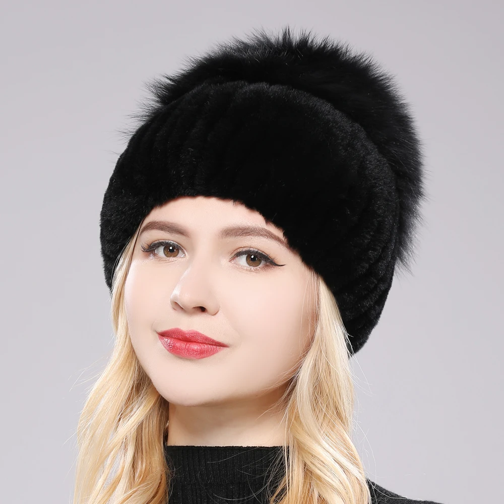 Female\'s Hat Good Elastic Natural Fluffy Real Fox Fur Hat New Winter Women Knitted Real Rex Rabbit Fur Hats Lady Real Fur Cap