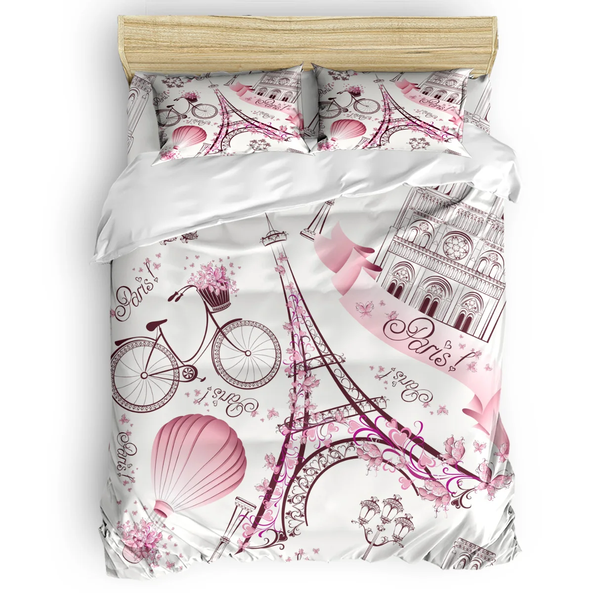 

Paris Eiffel Tower Pink Street Lamp Bicycle Duvet Cover Set 2/3/4pcs Bedding Set Bed Sheet Pillowcases Cover Set