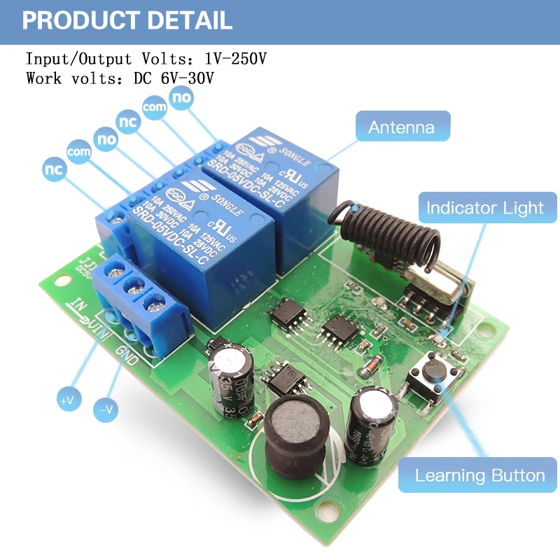 433 Mhz Remote Control Switch DC 6V 12V 24V 30V 10A 2CH RF Relay Receiver and Transmitter for Garage door Gate home appliance