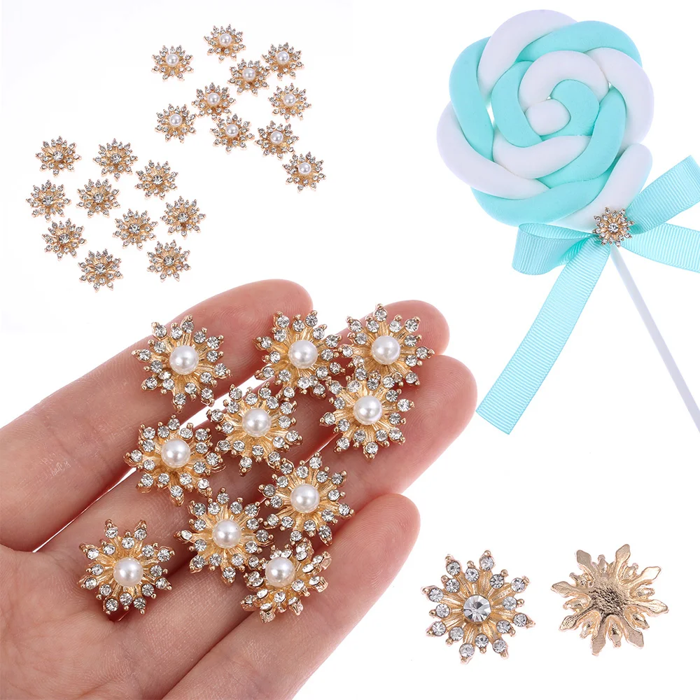 10PCS 16mm Snowflake Rhinestone Buttons Flatback Plating Pearl Hairpin Apparel Sewing Buckle DIY Craft Clothing Decoration Tool