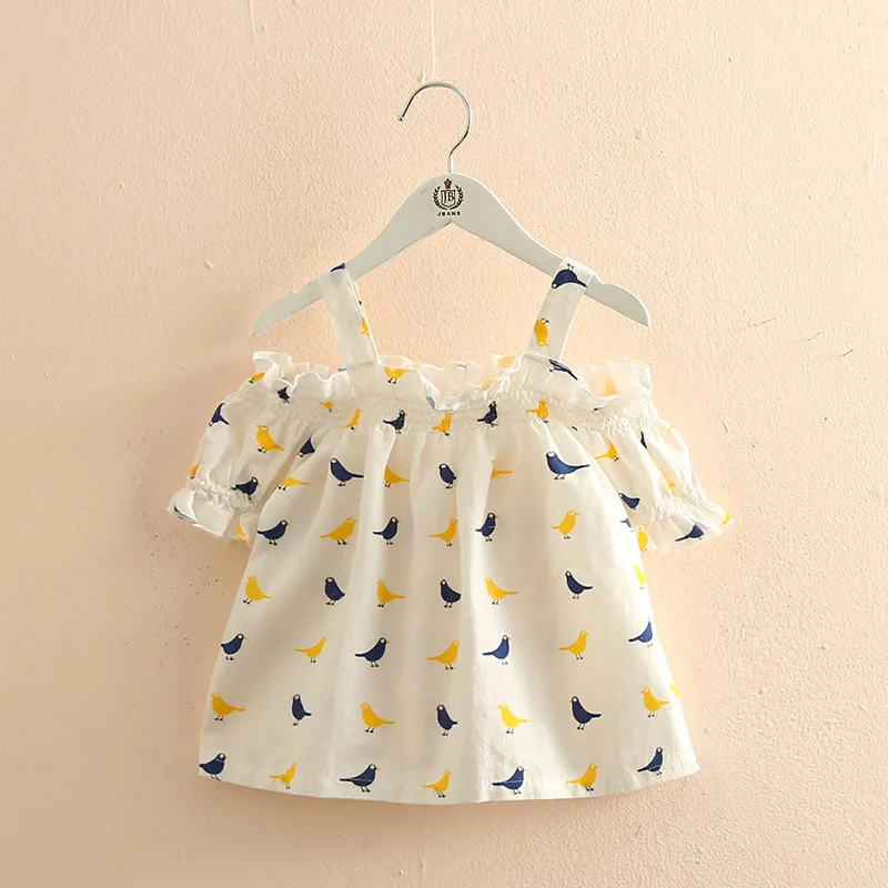 2024 New Fashion 2 3 4 5 6 8 10 Years Cotton Cartoon Print Short Sleeve Off Shoulder Strap Summer T-Shirt For Kids Baby Girls