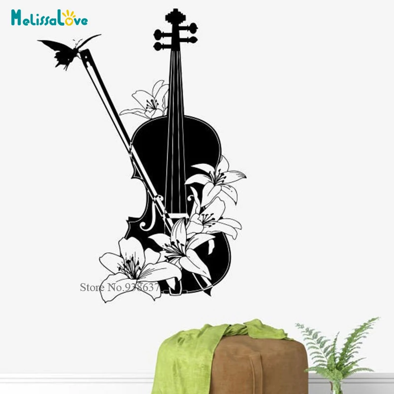 Violin Flowers Design Wall Decal fiddle Music Instrument Living Room music classroom Decals Removable Vinyl Wall Stickers BB500