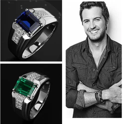 Fashion Crystal Blue Rectangle Ring Men Jewelry Cool Finger Accessories Male Silver 925 Ring Boy Bridegroom Wedding Jewelry