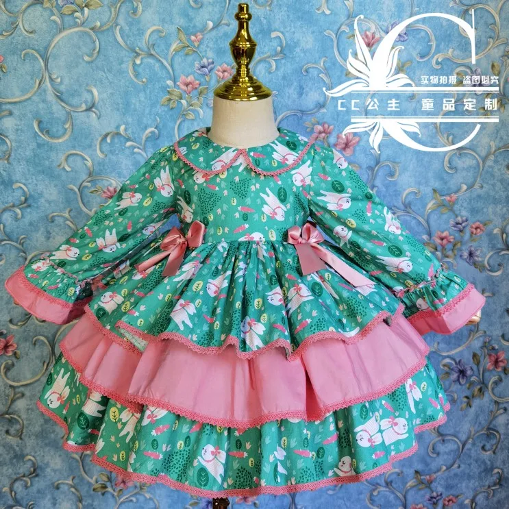 Baby girl autumn winter cute rabbit printed  ball gown dress kids bow vintage Spanish Christmas new year princess dress