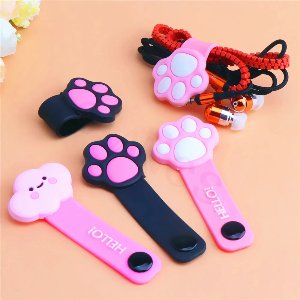 Cartoon Wire Storage Buckle Holder Organizer Mobile Phone Data Cable Winder Cat Paw Silicone Cute Earphone Cable Management Clip