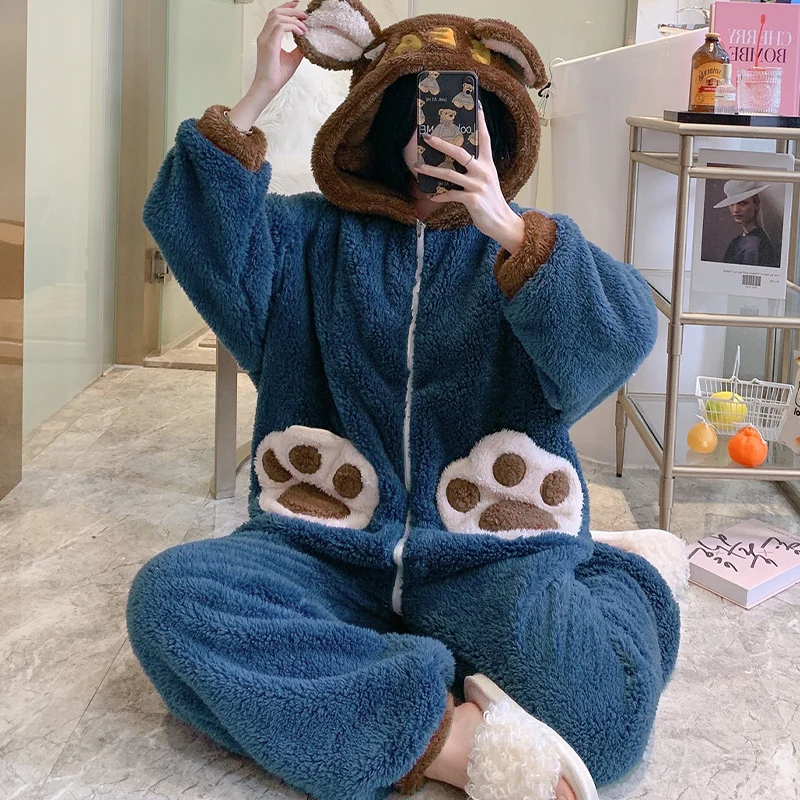 Women Sleepwear Plush Winter Pajamas Fashion Home Wear Cartoon Hooded Coral Velvet Nightgown Plus Size Flannel Nighty Add Fleece