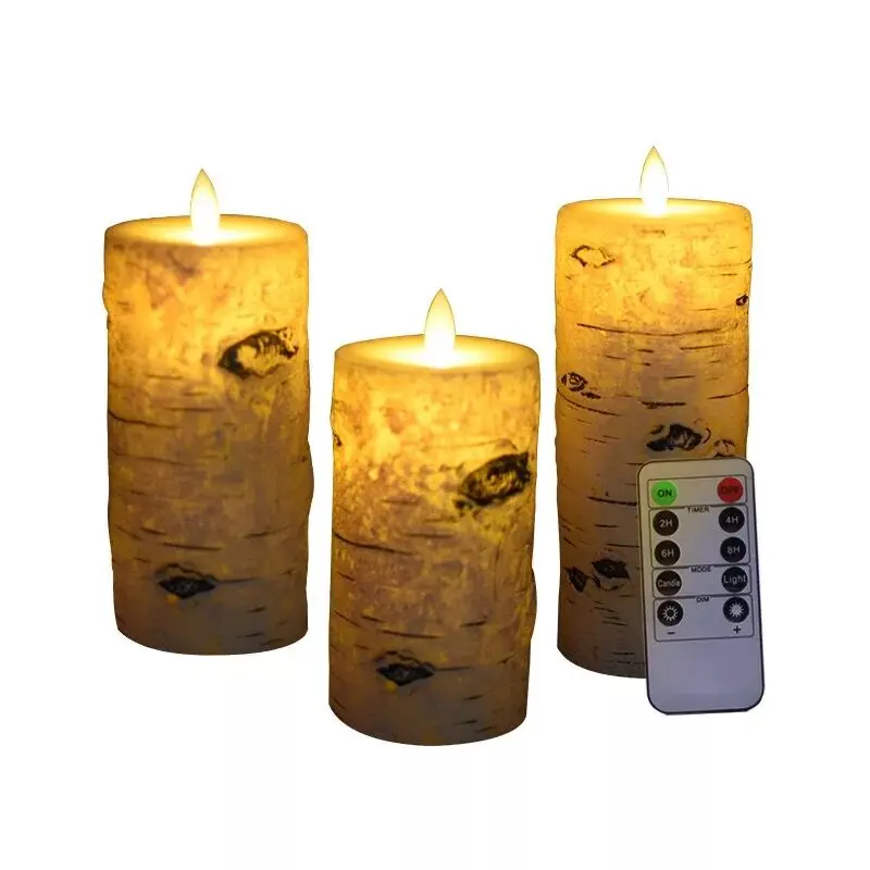 

Pack of 3 Battery operated Dancing Swinging Flame LED Candle Paraffin Wax Birch bark candle Set w/Remote controller Home party