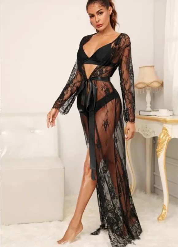 Black Lace Robe Sexy Erotic lingerie Sleepwear Deep V-Neck  Pajamas Suit Long beach Dress Club Babydoll Porno Lenceria