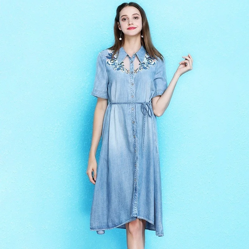 Quality High Summer New Fashion Mesh Embroidery Patchwork Womens Denim Dresses Elastic Waist Office Laides Knee Length Dresses