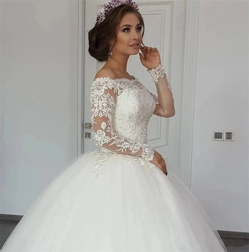 Vestido de casamento com mangas compridas angélico, roupa de noiva de luxo com apliques para curta e trem da arábia saudita