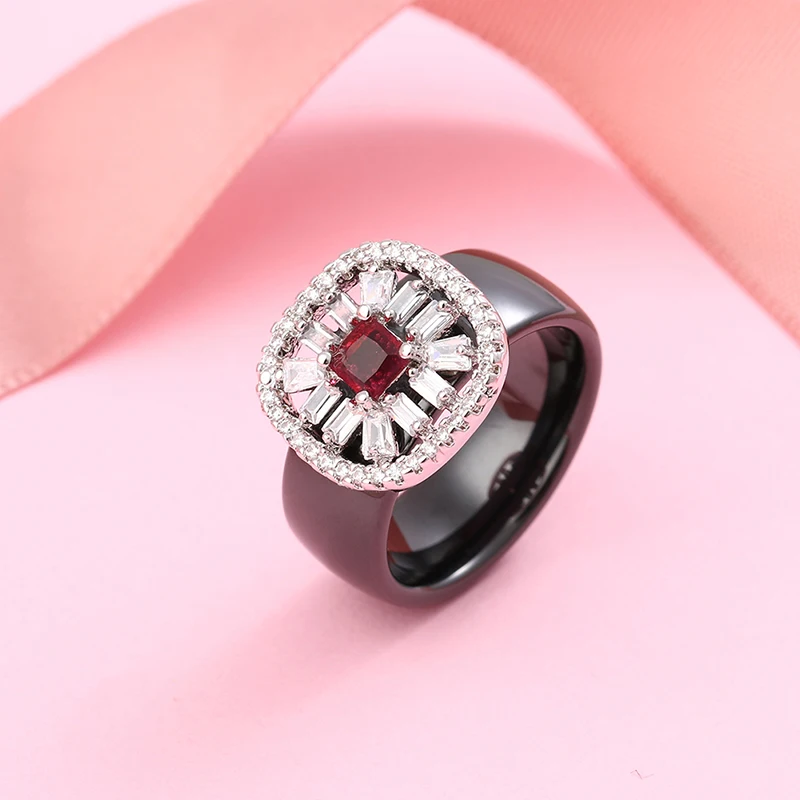 Stylish Women Smooth Ceramic Rings With Sterling Sliver And Cube Zircon Crystal 8mm Wide Sweet Black White Ring Wedding Jewelry