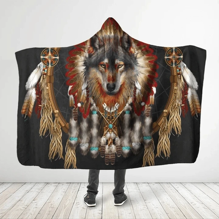 

Native Wolf 3D All Over Printed Hooded Blanket Adult child Sherpa Fleece Wearable Blanket Microfiber Bedding 02