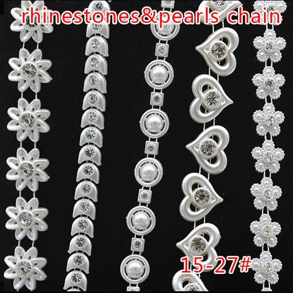 1 yards Acrylic pearl chain crystal rhinestones Rhinestone Chain Pearl Crystal Chain Sew On Trims Wedding Dress Costume Applique