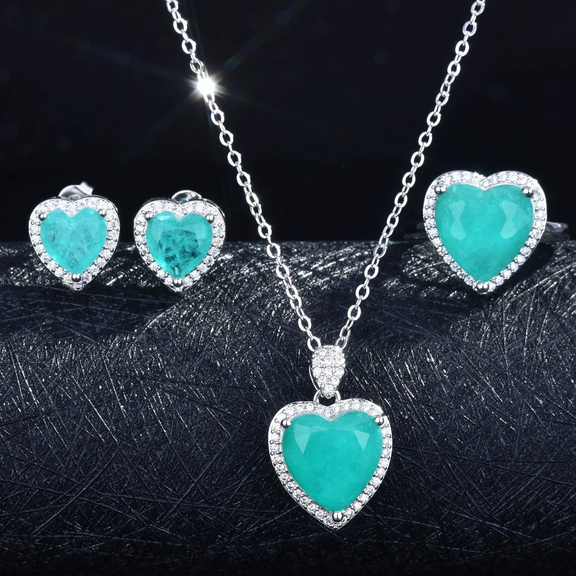 QTT New Luxury  Silver Wedding Jewelry Set Paraiba Tourmaline Stone Love Heart Pendant Necklace Resizable Ring CZ Earrings